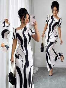Elenzga Novo Vestido Elegante de Verão/Primavera para Mulheres, Manga Curta, Decote Assimétrico Charmoso, Franzido em A-Line, Design Ombro Único, Bainha Franzida Elástica, Cintura Marcada, Vestido Longo Estampado Floral de Primavera/Verão - Multicolorido - Visão 3