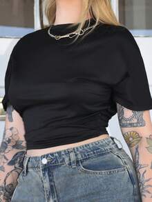 Arliah 女式夏季简约 Y2K 基本款日常休闲返校街头风弹力白色宽松褶皱短款 T 恤 - 黑色 - 查看 4