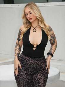 Arliah Elegant High Street Halter Neck Ring Decor Shallow Blue Women Tank Top, Spring/Summer - Black - View 3
