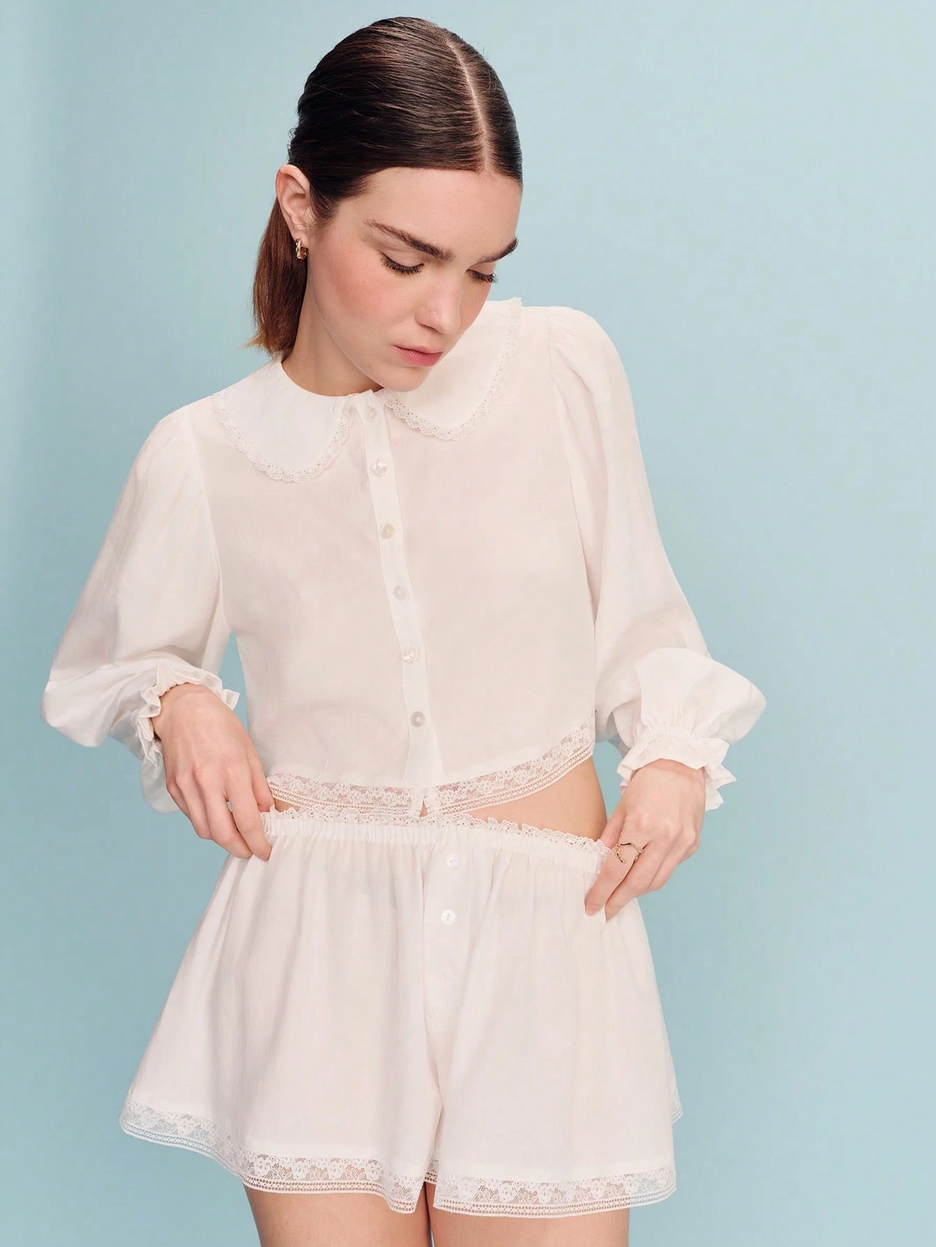 White Lace-Trim Sleepwear Blouse And Shorts Set With Romantic Vintage-Inspired Silhouette Spring Summer Two Piece Loungewear Cozy Homewear