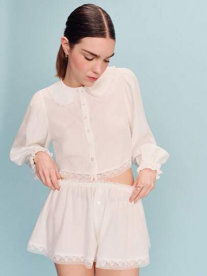 lacRébo White Lace-Trim Sleepwear Blouse And Shorts Set With Romantic Vintage-Inspired Silhouette Spring Summer Two Piece Loungewear Cozy Homewear