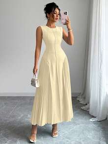 Rafferiza Abito a-line plissettato senza maniche con collo alla coreana, design minimalista, adatto per primavera/estate - Giallo chiaro - Visualizzare 6