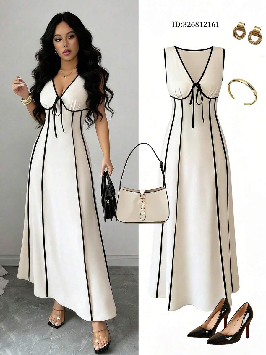 Elenzga Chaleco elegante de mujer para ir al trabajo, con cuello en V, lazo y recorte negro ajustado, adecuado para bodas, festivales, salidas diarias, casual, vestido de primavera/verano - Multicolor - Ver 1