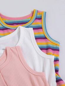 SHEIN Playful Pals 3件組女嬰幼兒可愛休閒Y2K粉色條紋彩色彩虹素色羅紋針織無袖鈕扣連身褲夏季度假套裝 - 彩色 - 查看 3