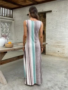Breezaya Women's Casual Striped Round Neck Sleeveless Dress, Suitable For Vacation - Aqua Blue - View 2
