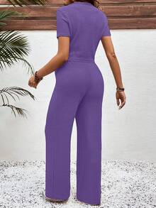SHEIN Setelan Hamil 2 Potong Atasan Lengan Pendek dan Celana Warna Polos Kasual, Musim Panas - Violet Purple - View 2