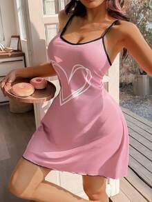 Dream Adore Heart Print Pink Knit Camisole Short Nightgown - Multicolor - View 6