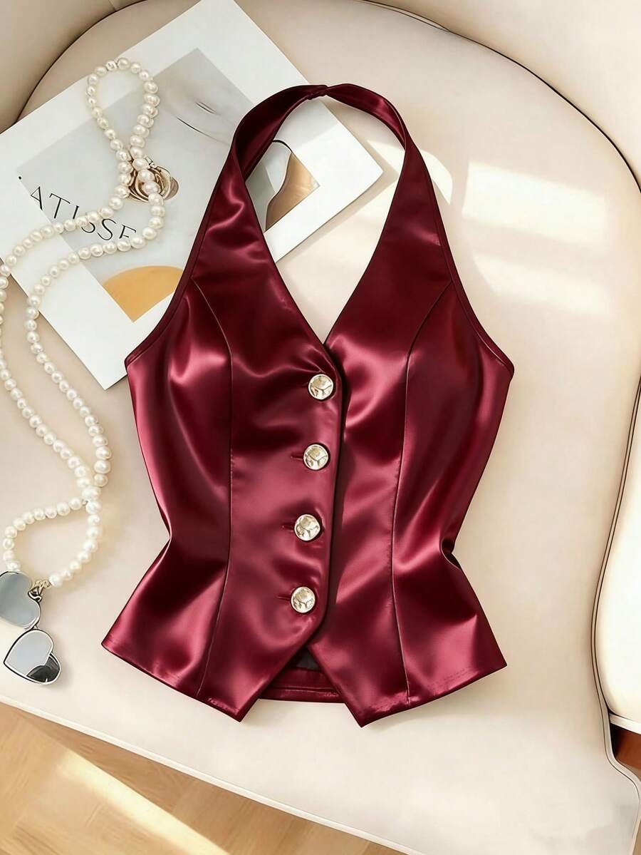 Franclia 女士纯色金属单排扣吊带背心 - 紅色 - 查看 1