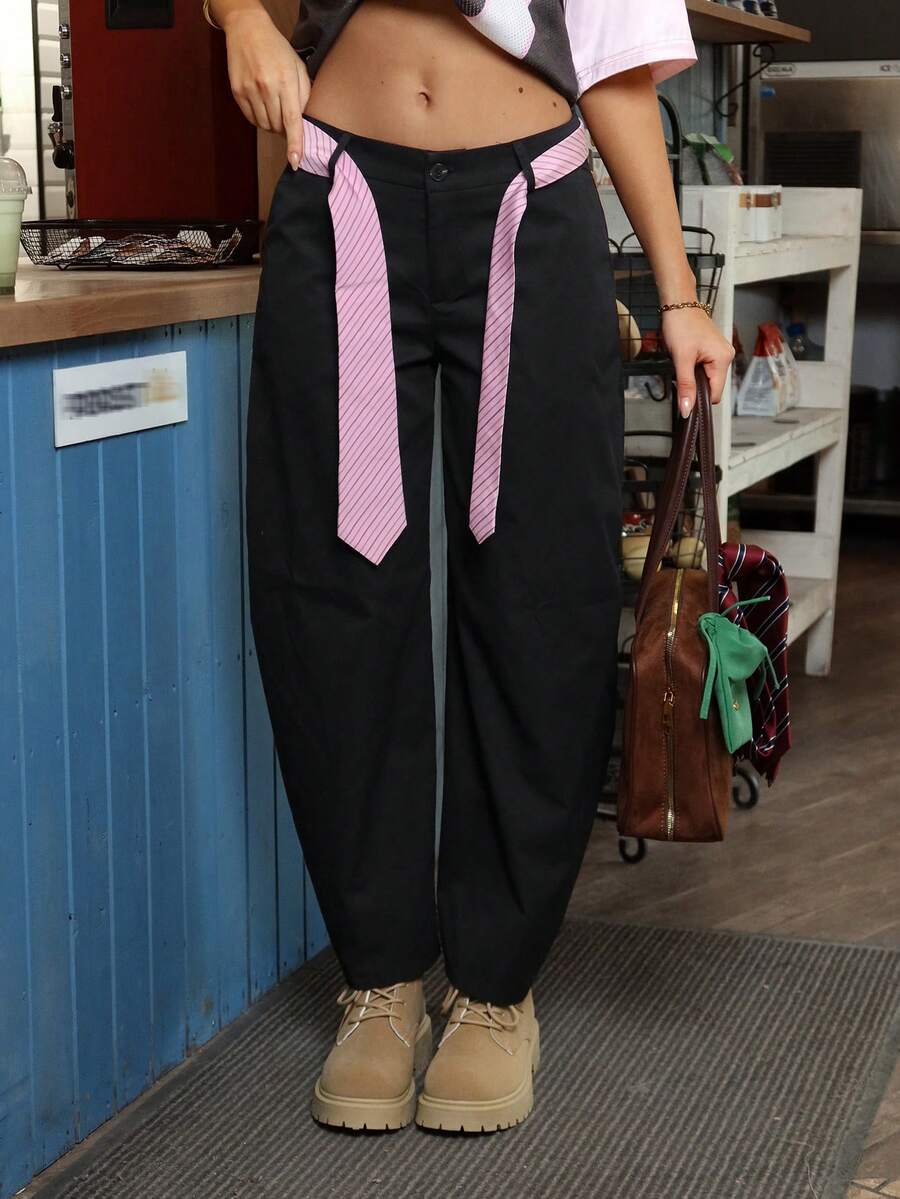 MainGRL 女士黑色梭织阔腿锥形系带休闲裤，春季女装 - 黑色 - 查看 1