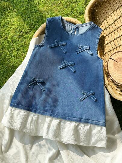 Đầm denim không tay cho bé gái sơ sinh/trẻ nhỏ, có nơ trang trí.