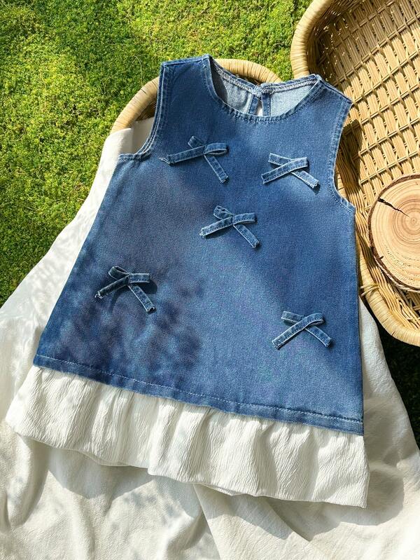 Đầm denim không tay cho bé gái sơ sinh/trẻ nhỏ, có nơ trang trí.