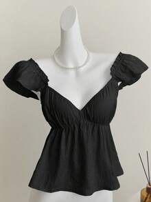 Elamini Blue Sweet Mori Girl Ruffle Trim Sexy Backless Low Neck Cropped Camisole Top - Black - View 6