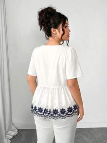 Elenzga 大码撞色圆点印花无袖宽松衬衫，荷叶边装饰，优雅百搭，适合休闲、工作、约会、派对等场合。 - 白色 - 查看 2