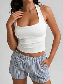 INAWLY Solva Women's Solid Color Square Neck Sleeveless Fitted Casual Cropped Tank Top - White - View 6