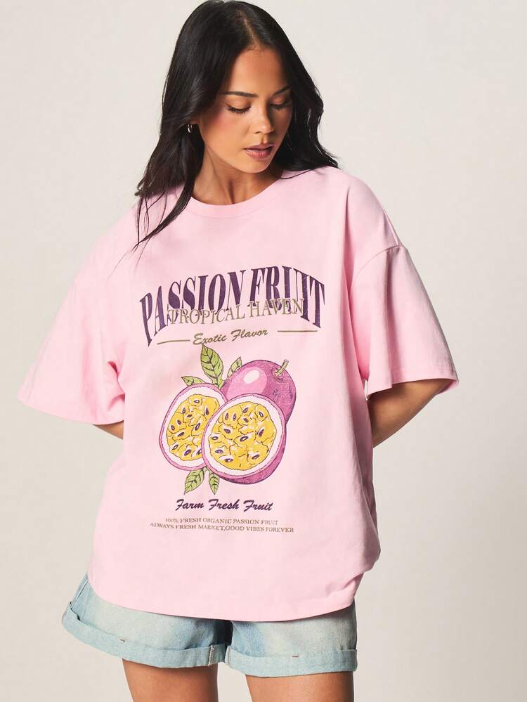 MISSGUIDED Passion Fruit Graphic Oversized Cotton T-Shirt With Short Sleeves Crew Neck Summer Tropical Print Casual Tee Top