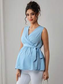 Momance 孕妇衬衫 无袖V领 腰部系带 前襟蝴蝶结 A字下摆 随机珍珠设计 上衣 - 淺藍色 - 查看 3