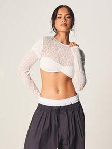 MISSGUIDED Double Layered Long Sleeve Lace Crop Top With Ruched Bust Panel And Sheer Overlay Detail For Layering - White - View 4
