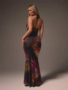 MISSGUIDED Halter Neck Lace Trim Bustier Floral Abstract Print Bodycon Maxi Dress With Backless Design Evening Party Formal Wear - Multicolor - View 2