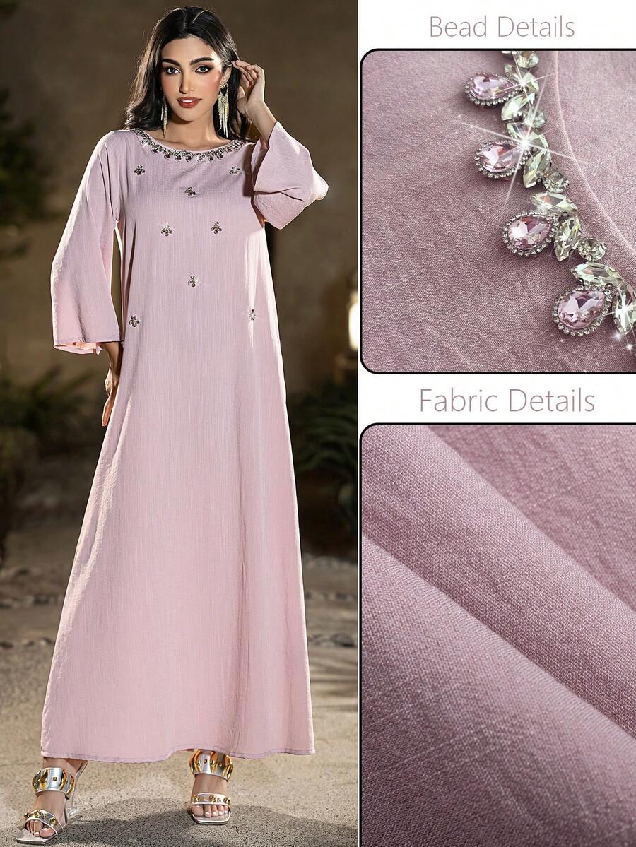 Layrah 轻盈舒适的手工串珠粉色长裙，夏季