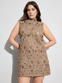 Aveloria Modichic Coffee Color Sequin & Beaded Floral Tweed Dress,Sleeveless A-Line Midi Dress,Plus Size,Beige,Summer,70's,Elegant,Party,Wedding Guest,Metal Buttons - Coffee Brown - View 1