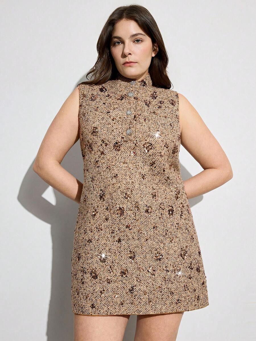 Aveloria Modichic Coffee Color Sequin & Beaded Floral Tweed Dress,Sleeveless A-Line Midi Dress,Plus Size,Beige,Summer,70's,Elegant,Party,Wedding Guest,Metal Buttons - Coffee Brown - View 1