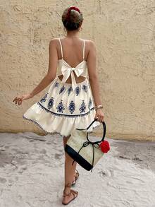 SHEIN Frenchy Đầm mini mùa hè không tay, hở lưng, dây mảnh, đính nơ, kiểu vintage dành cho nữ. - Màu xanh lam - Xem 5