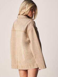 MISSGUIDED Oversized Denim Button Up Jacket With Contrast Collar Vintage Washed Fall Spring Casual Longline Outerwear Coat - Khaki - View 2