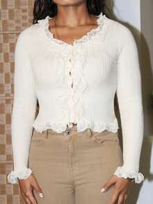 Steph T Women's Contrast Lace Button Down Cardigan,Long Sleeve Tops,Fall Women Clothes - Beige - View 4