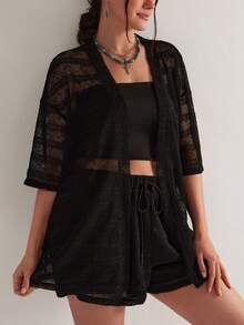 Freevana Bộ đồ 2 món cỡ lớn màu đen khoét lỗ gồm áo và quần short - màu đen - Xem 8