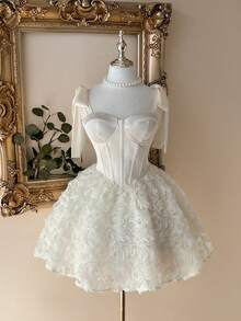 Lovelzi 优雅、浪漫、时尚的咖啡色缎面无肩带鱼尾连衣裙，饰有3D立体花卉装饰和荷叶边裙摆，适合单身派对、婚礼、毕业典礼、度假、下午茶和正式场合。 - 杏色 - 查看 4