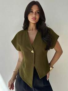 Firerie Blusa casual de manga murciélago asimétrica de unicolor mostaza, elegante, simple, estilosa y minimalista, versátil para el uso diario y el transporte, de alta gama, minimalista y desconstructiva, con cuello en V y un solo botonadura - Verde militar - Ver 6