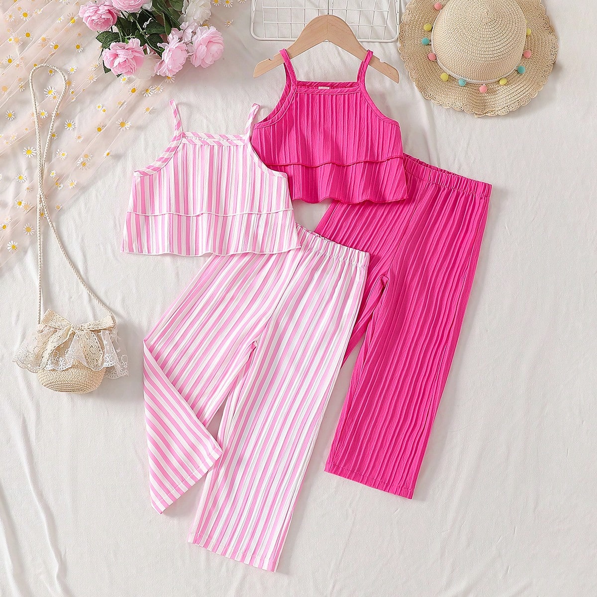 Conjunto de 2 piezas para niñas jóvenes: Top de tirantes con volantes + Pantalones de pierna ancha, Rayas rosas/Fucsia sólido, Conjunto de verano c