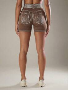 Anewsta Women's Denim Effect Print Tight Fit Athletic Shorts - Coffee Brown - View 5