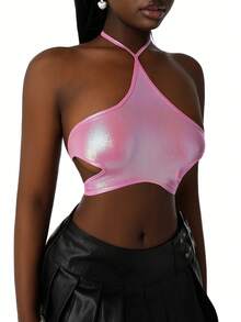 Amplova Women's Sexy Backless Star Print Top, Shiny Pink Fabric, Suitable For Music Festivals, Cute & Sexy - Pink - View 5