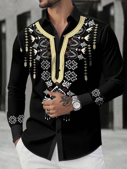 Manfinity RSRT 남성용 그래픽 프린트 버튼 프론트 캐주얼 긴소매 셔츠