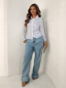 Sirith Camisa de manga larga de unicolor y estilo minimalista para mujer, para uso casual diario - Blanco - Ver 4