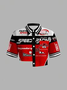 Slaydiva Avslappnad minimalistisk bokstavstryck asymmetrisk beskuren skjorta, lämplig för alla årstider - Multifärgad - Visa 3