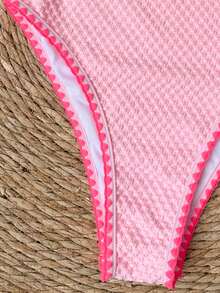 SHEIN Swim 女士优雅休闲可拆卸肩带抹胸连体泳衣，纹理面料时尚撞色设计，适合夏季海滩度假、海滩派对穿着，2026 女士春夏海滩度假连体泳衣 - 粉色 - 查看 3