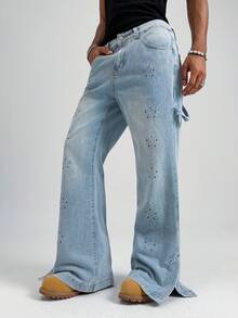 PAVTROS Men's Pocket Button Rhinestone Embellished Casual Versatile Daily Wear Wide Leg Jeans Light Jeans - Light Wash - View 4