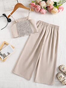 SHEIN 2pcs Young Girl Woven Solid Color 3D Floral Camisole Top And Long Pants Set,Linen Casual Versatile Jumpsuit Effect Two Piece Set,Summer,7th Birthday - Khaki - View 2