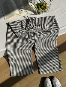 Comfortcana 大码女式休闲度假通勤条纹印花刺绣打结松紧腰宽松阔腿裤 - 黑與白 - 查看 7