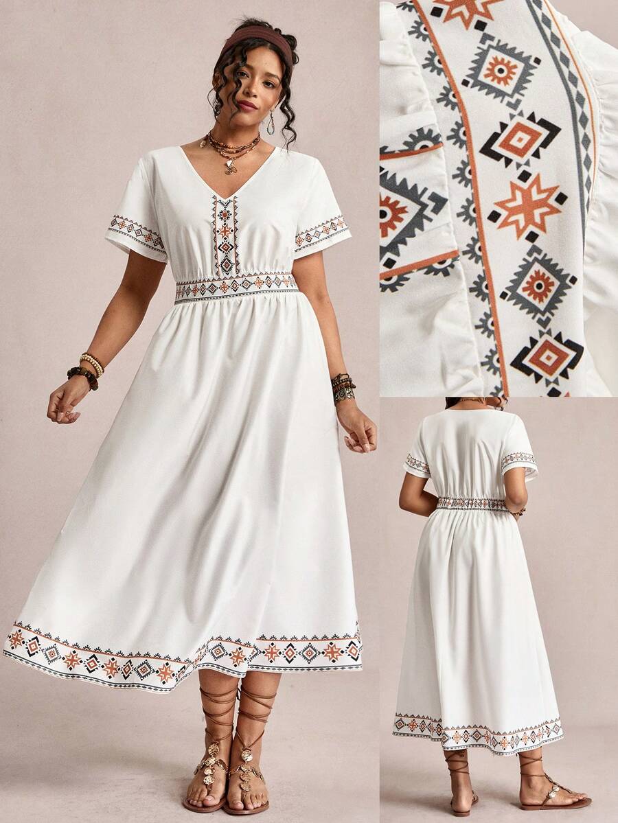 SHEIN LUNE 大码几何印花V领短袖连衣裙，夏季度假 - 白色 - 查看 1