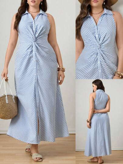 Zelara Plus Size Sleeveless Striped Dress With 3D Cut & Twist Design Carnival Outfit Party Luxury Valentine's Day