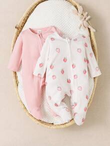 SHEIN Bộ 2 món/Bộ đồ liền thân dài tay in họa tiết dâu tây ấm áp cho trẻ sơ sinh/trẻ nhỏ, quần áo mềm mại và thoải mái, tuyệt vời để làm quà tặng, vật dụng thiết yếu cho mọi em bé, phù hợp với mọi mùa và mặc ngoài trời Thu Đông - Nhiều màu - Xem 4