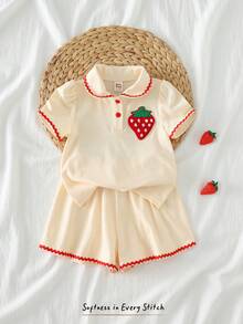 Cozy Pixies 2pcs Baby Girl Strawberry Peter Pan Collar Short Sleeve Snap Front Top And Elastic Waist Shorts Set Baby Girl Clothes Baby Clothes Strawberry Fruit Baby Clothes Baby Shorts And Shirt Sets,Kids - Beige - View 2
