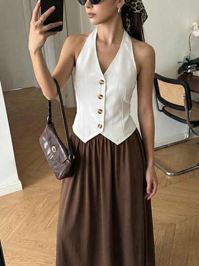 SHEIN Top halter elegante y de moda para adolescentes, color albaricoque con hebilla en la espalda y diseño de ajuste plisado, adecuado para salidas, ir y venir y actividades diarias