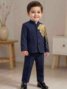 SHEIN Bộ 2 món/Bộ vest blazer in họa tiết sư tử ánh kim trang trọng cho bé trai/em bé, trang phục quý ông màu xanh navy, thích hợp cho mùa xuân/hè, tiệc sinh nhật, lễ cưới, lễ rửa tội, tiệc mừng sinh nhật lần thứ 1, lễ hội - Màu xanh hải quân - Xem 8