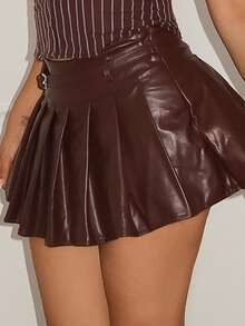 Maria Perezxox 女式纯色带扣设计褶皱 PU 皮革短裙 - 咖啡棕 - 查看 3