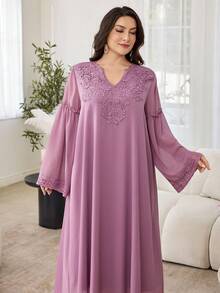 Al Najma Plus Size Solid Color Chiffon Double Layer Long Sleeve Lace Trim Casual Turkish Maxi Dress - Mauve Purple - View 6
