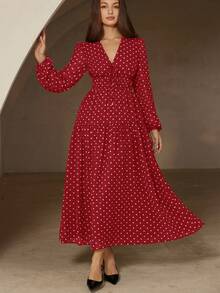 Aveloria Revavyn Đầm chiffon dài tay, cổ chữ V chấm bi cổ điển, dáng suông, thanh lịch, thắt nơ phía trước, chất liệu 18g. - Đỏ - Xem 5